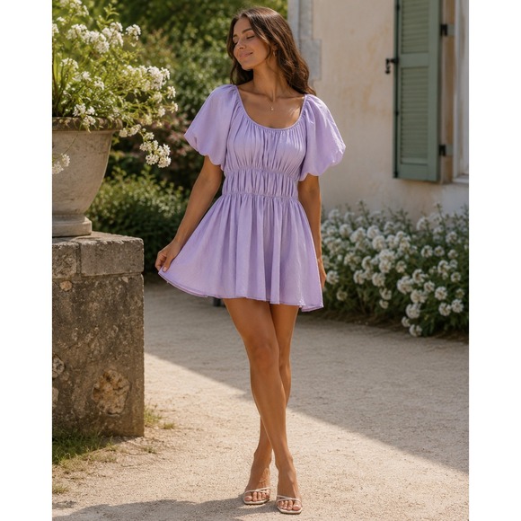 molly green Dresses & Skirts - Molly Green Andrea Babydoll Dress Lavender Puff Sleeve Smocked Mini XS Coquette
